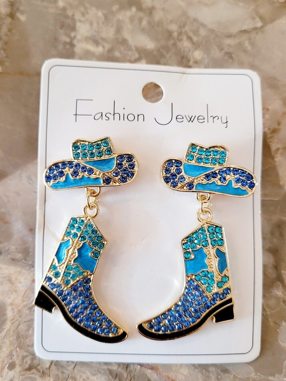 🌺Cowboy Boot Earings Rhinestone Blue Western Wear